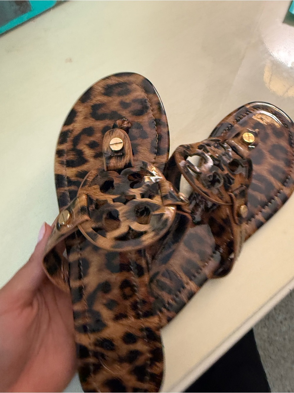 Tory Burch Leopard Print Slide Sandals in Brown and Black - Picture 3 of 4
